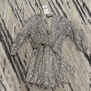 Zara Silver Sequin knotted Jumpsuit Romper